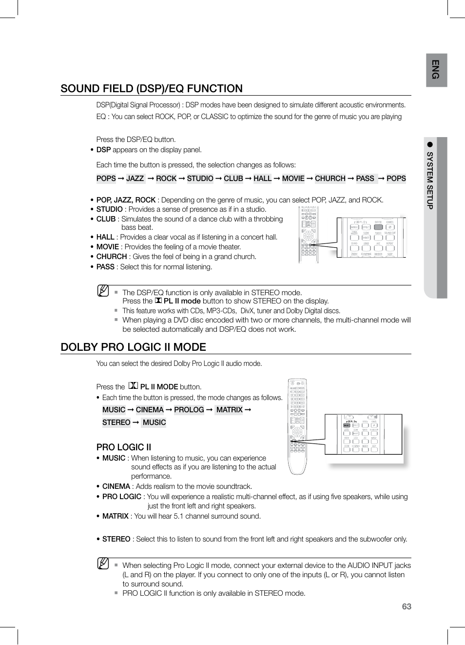 Sound field (dsp)/eq function, Dolby pro logic ii mode | Samsung HT-Z320 User Manual | Page 63 / 78