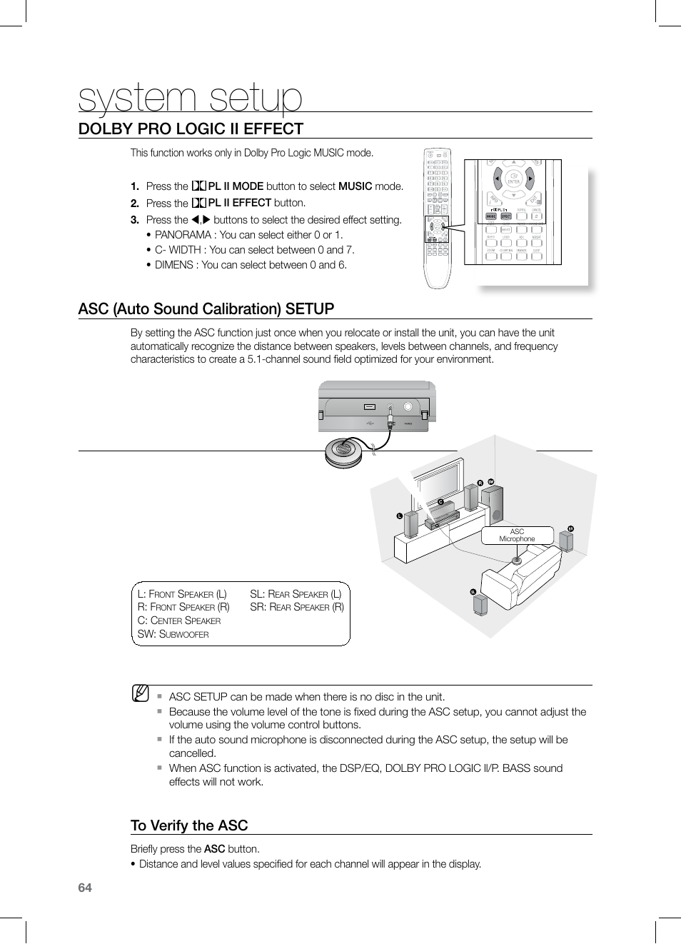 Dolby pro logic ii effect, Asc (auto sound calibration) setup, System setup | Samsung HT-Z320 User Manual | Page 64 / 78