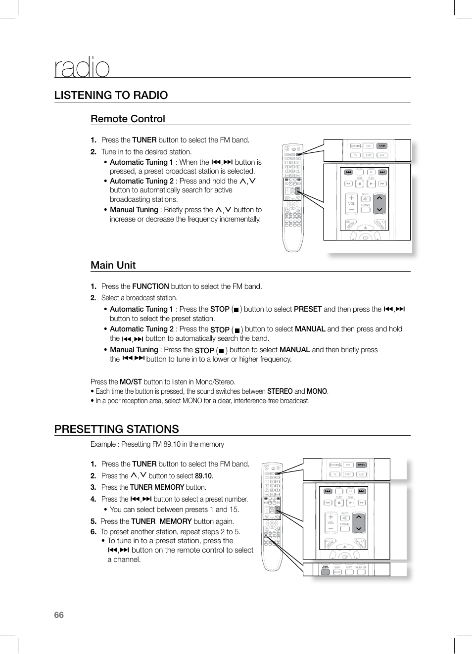 Radio, Listening to radio, Preseting stations | Presetting stations, Remote control, Main unit | Samsung HT-Z320 User Manual | Page 66 / 78