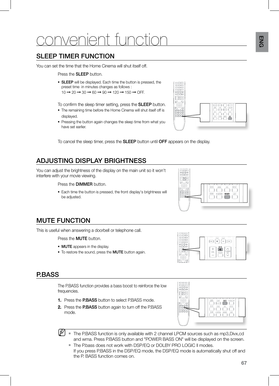 Convenient function, Slep timer function, Adjusting display brightnes | Mute function, P.bass, Sleep timer function, Adjusting display brightness | Samsung HT-Z320 User Manual | Page 67 / 78