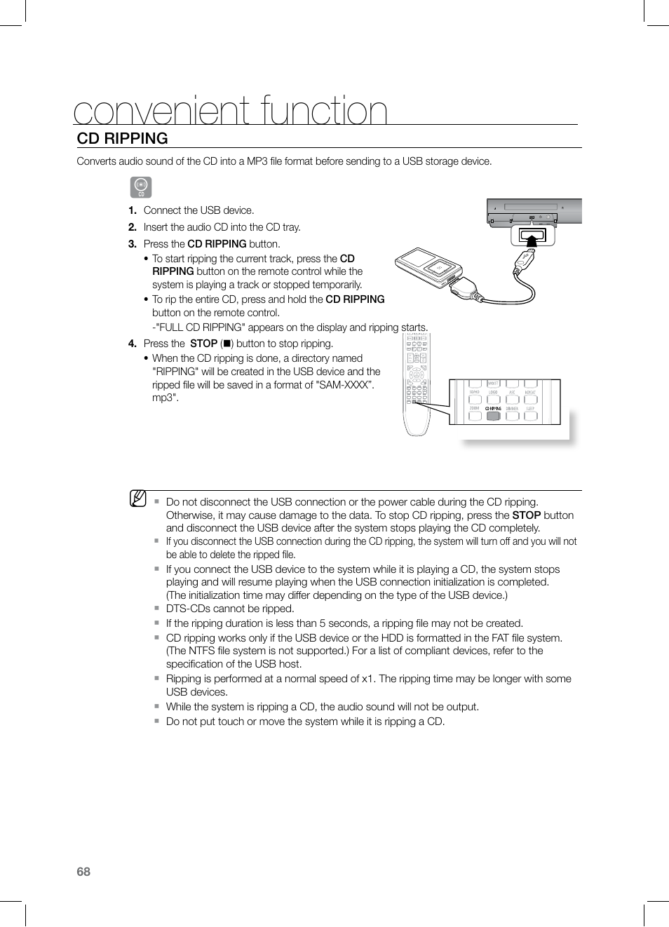 Cd ripping, Convenient function | Samsung HT-Z320 User Manual | Page 68 / 78