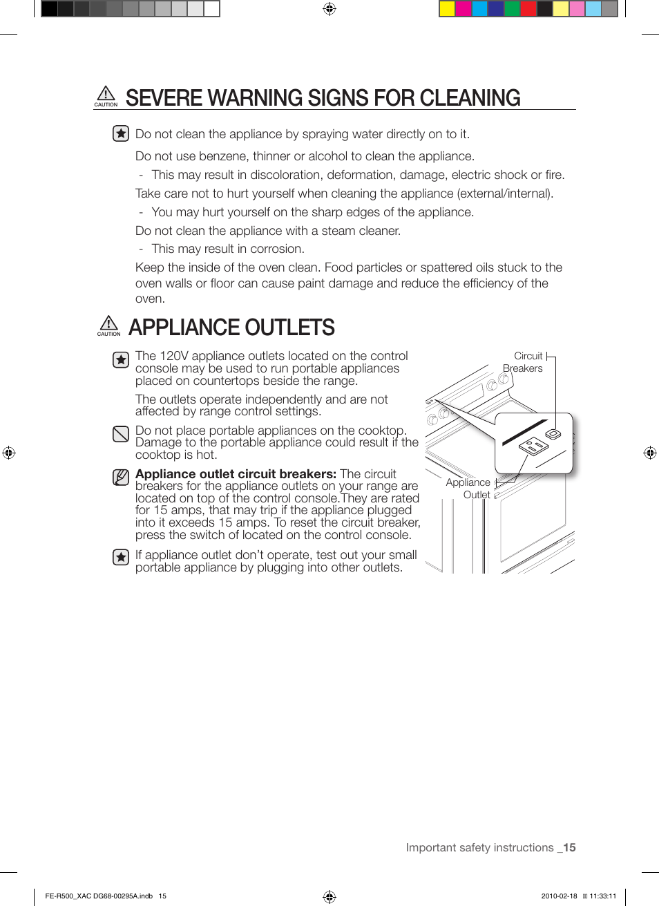 Severe warning signs for cleaning, Appliance outlets | Samsung FE-R500WW User Manual | Page 15 / 62