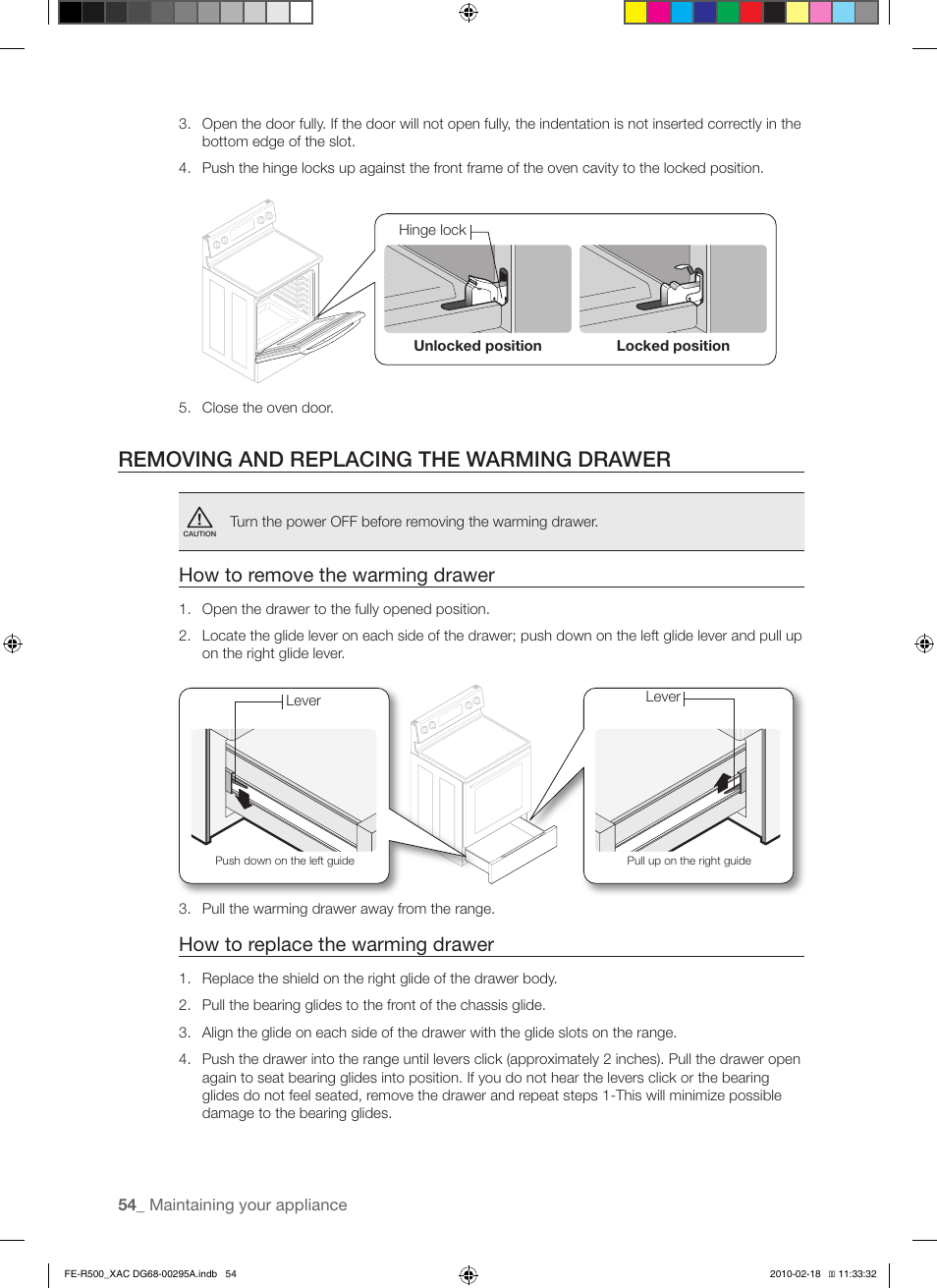 Removing and replacing the warming drawer, How to remove the warming drawer, How to replace the warming drawer | Samsung FE-R500WW User Manual | Page 54 / 62
