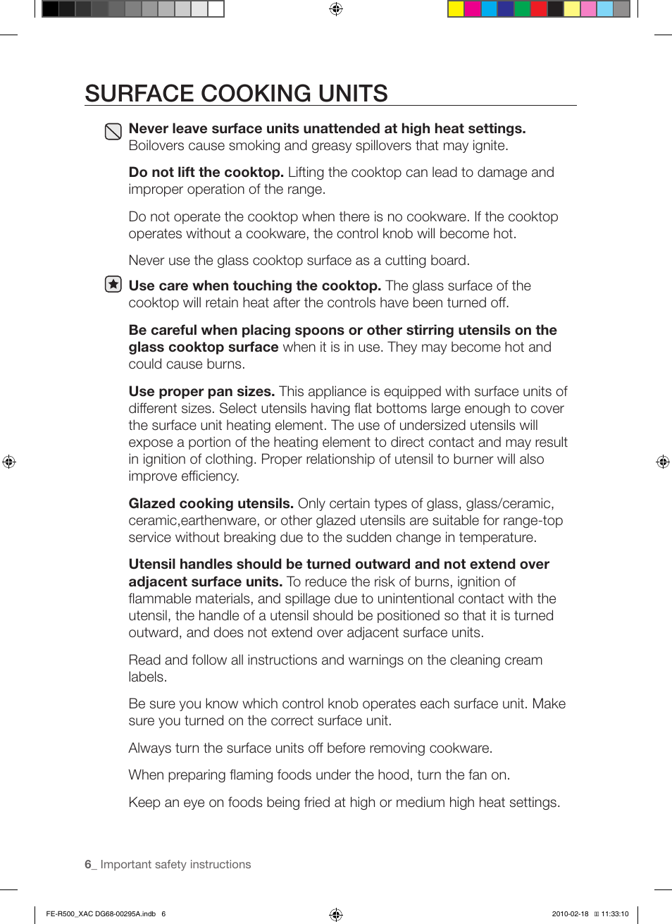Surface cooking units | Samsung FE-R500WW User Manual | Page 6 / 62