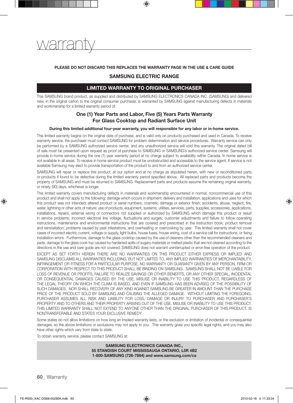 Warranty | Samsung FE-R500WW User Manual | Page 60 / 62