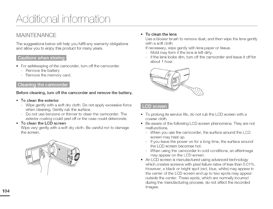 Itional informati, Additionai information, Maintenance | Samsung HMX-Q10TNIHMX-Q100TNIHMXDQ130TN User Manual | Page 108 / 113