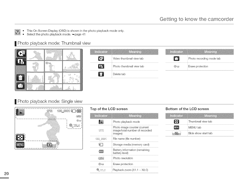 I photo playback mode: thumbnail view, I photo playback mode: single view, Fmcs | Diok'.'cmon, Getting, The camcorder | Samsung HMX-Q10TNIHMX-Q100TNIHMXDQ130TN User Manual | Page 24 / 113