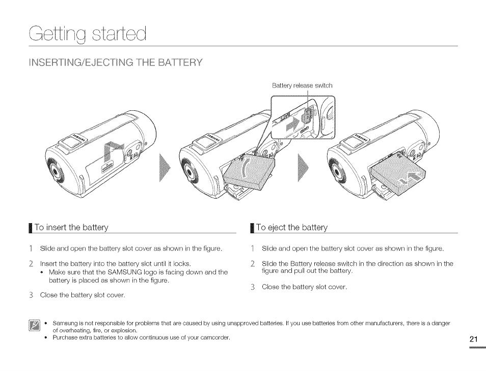 Inserting/ejecting the battery, To eject the battery, Gettinq starte | Samsung HMX-Q10TNIHMX-Q100TNIHMXDQ130TN User Manual | Page 25 / 113