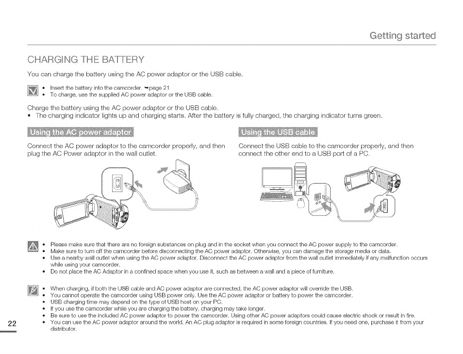 Chargii ; battery, Charging the battery, Getting started | Samsung HMX-Q10TNIHMX-Q100TNIHMXDQ130TN User Manual | Page 26 / 113