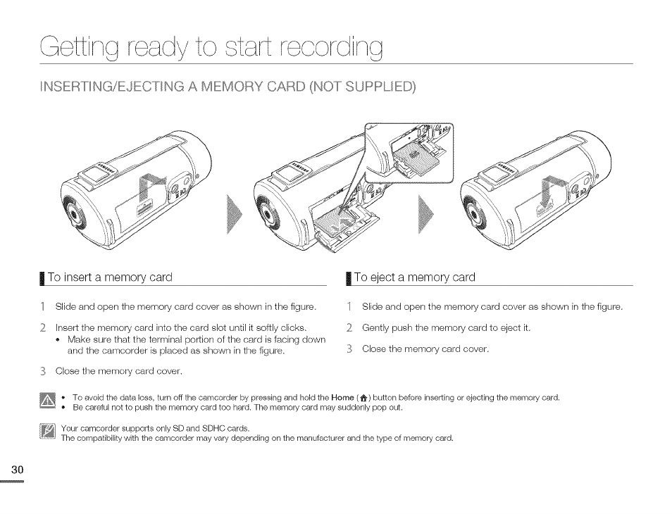 I to insert a memory card, To eject a memory card, Ettinq ready to start recoi | Samsung HMX-Q10TNIHMX-Q100TNIHMXDQ130TN User Manual | Page 34 / 113