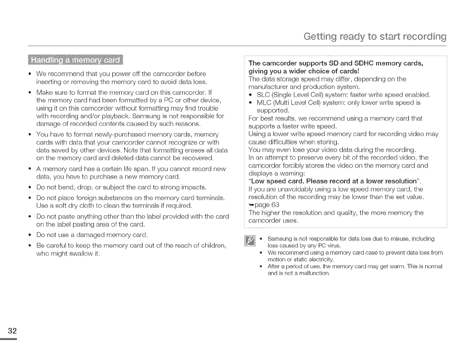 Getting ready, Start recording | Samsung HMX-Q10TNIHMX-Q100TNIHMXDQ130TN User Manual | Page 36 / 113