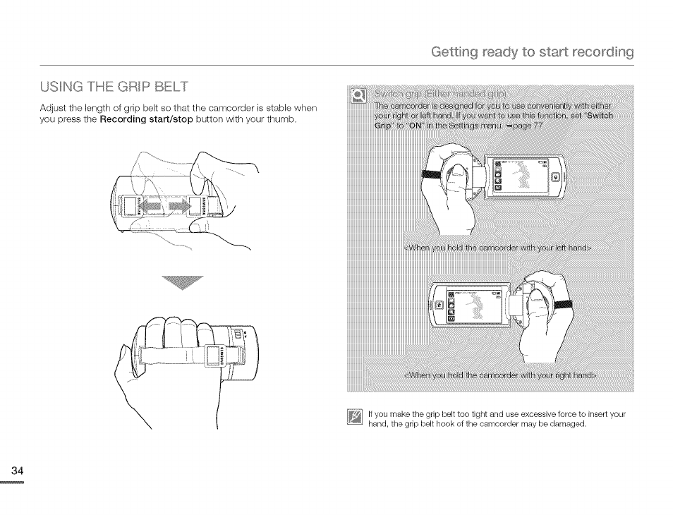 Using the grip belt | Samsung HMX-Q10TNIHMX-Q100TNIHMXDQ130TN User Manual | Page 38 / 113