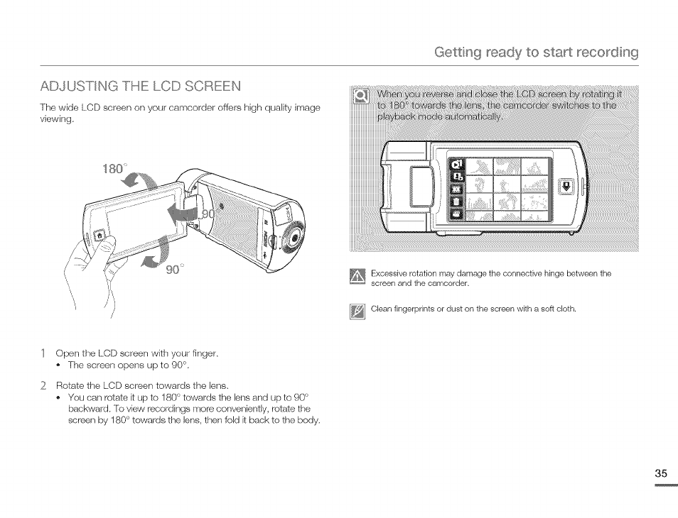 Adjusting the lcd screen, Using the touch screen, Getting ready | Start recording | Samsung HMX-Q10TNIHMX-Q100TNIHMXDQ130TN User Manual | Page 39 / 113