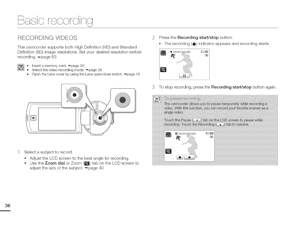 Recording videos, Bcoí, Y ! oíd b | Samsung HMX-Q10TNIHMX-Q100TNIHMXDQ130TN User Manual | Page 40 / 113