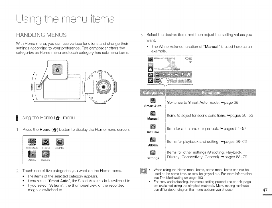 Handling menus, Sino the menu items | Samsung HMX-Q10TNIHMX-Q100TNIHMXDQ130TN User Manual | Page 51 / 113