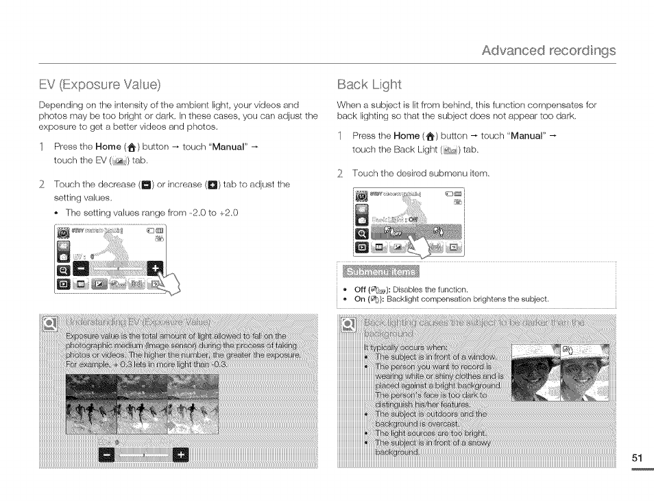 Xposure value), Back light | Samsung HMX-Q10TNIHMX-Q100TNIHMXDQ130TN User Manual | Page 55 / 113