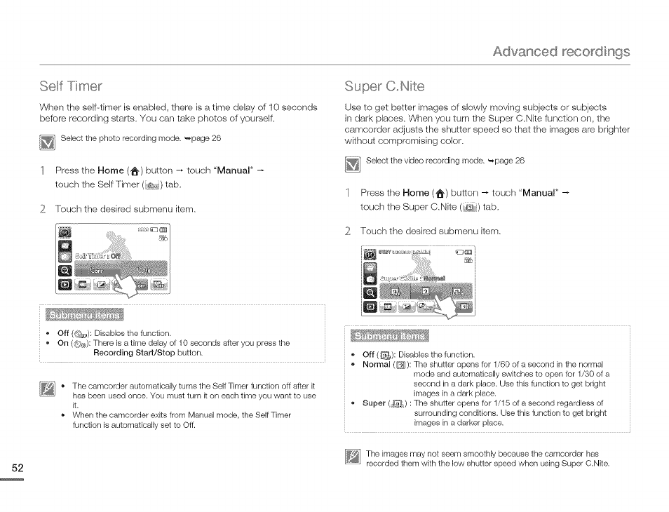 Super c.nite, Ib = —- a, Self timer | Samsung HMX-Q10TNIHMX-Q100TNIHMXDQ130TN User Manual | Page 56 / 113