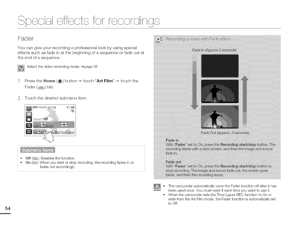 Fader, Special effects for recordinqs, J .wi.ii . i i; , i ,.111 i | Samsung HMX-Q10TNIHMX-Q100TNIHMXDQ130TN User Manual | Page 58 / 113