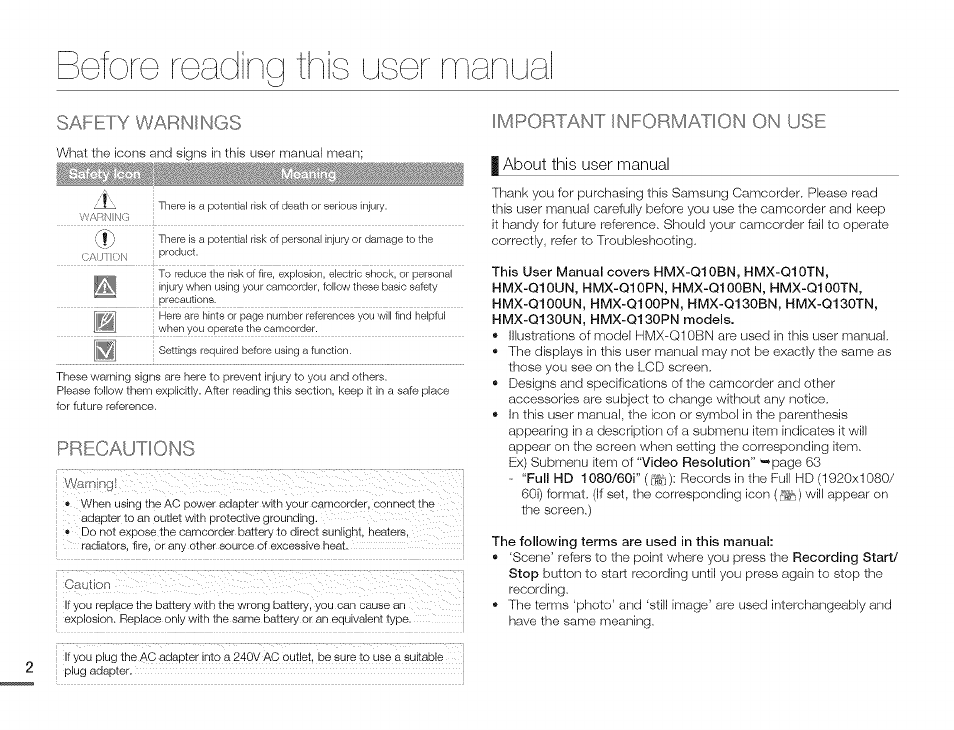 Important information on use, I about this user manual, Before readinq this user manual | Sk ni or (urrinu;-; iniury, Oronuoi, Important information | Samsung HMX-Q10TNIHMX-Q100TNIHMXDQ130TN User Manual | Page 6 / 113