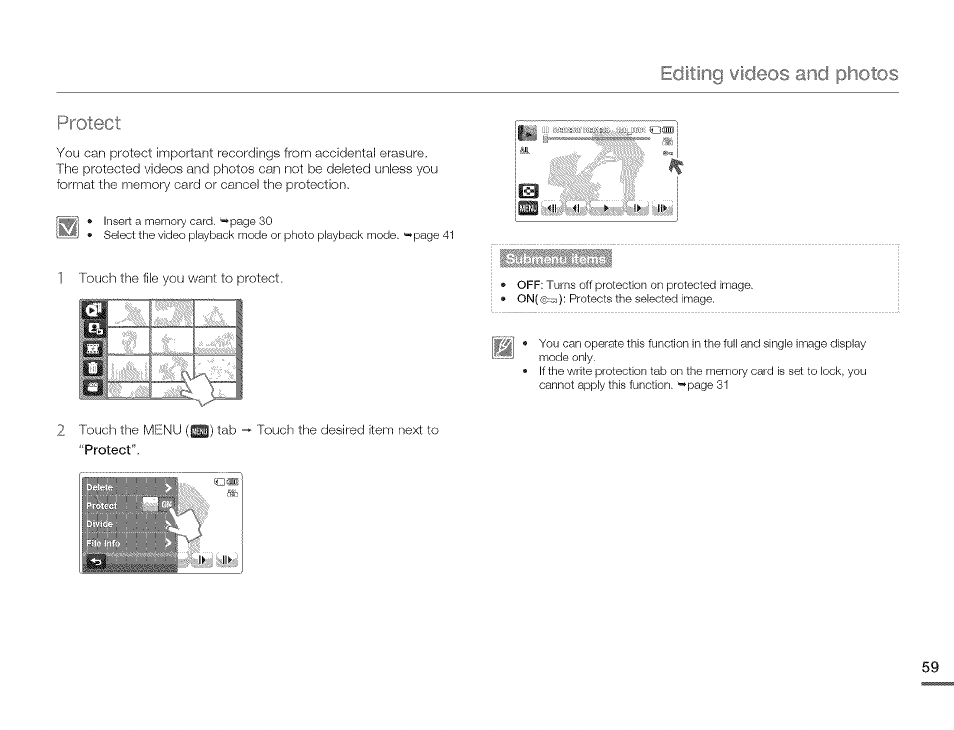Editing videos, Photos | Samsung HMX-Q10TNIHMX-Q100TNIHMXDQ130TN User Manual | Page 63 / 113