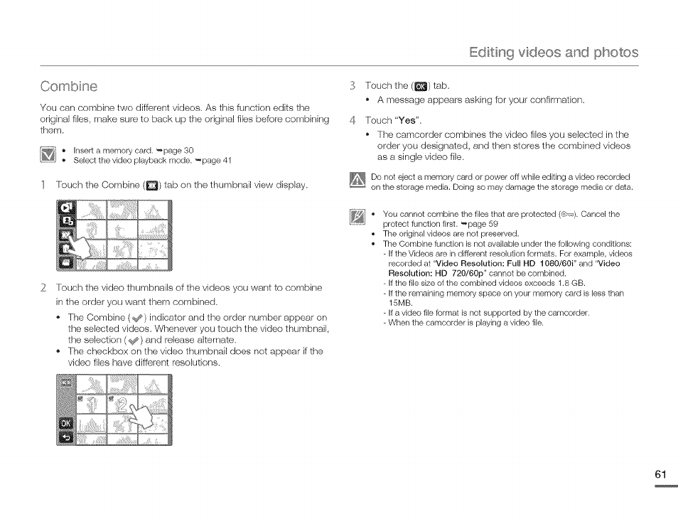 Editing videos, Photos, Combine | Samsung HMX-Q10TNIHMX-Q100TNIHMXDQ130TN User Manual | Page 65 / 113