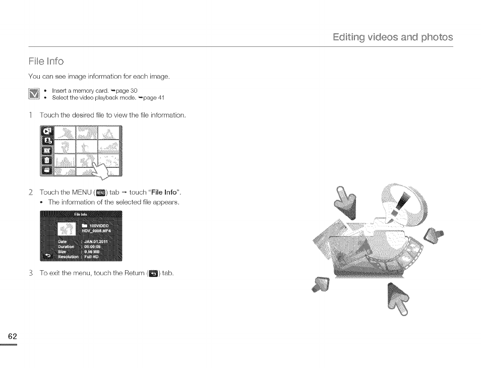 Editing videos, Photos | Samsung HMX-Q10TNIHMX-Q100TNIHMXDQ130TN User Manual | Page 66 / 113