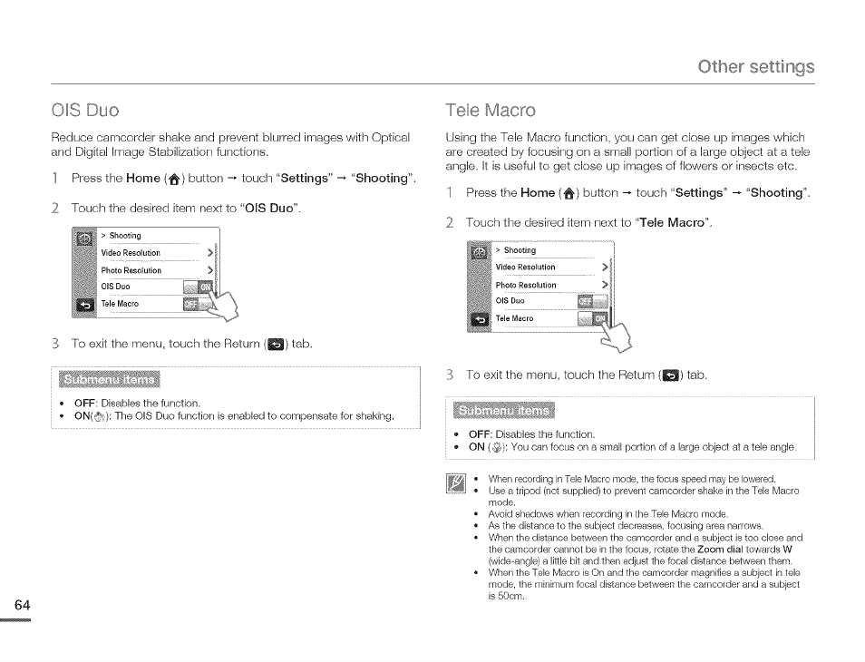 Ois duo, Tele macro, Tele maoro | O i s duo | Samsung HMX-Q10TNIHMX-Q100TNIHMXDQ130TN User Manual | Page 68 / 113