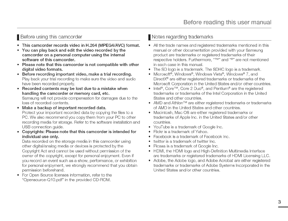 I before using this camcorder, I notes regarding trademarks, Before reading | User manual | Samsung HMX-Q10TNIHMX-Q100TNIHMXDQ130TN User Manual | Page 7 / 113