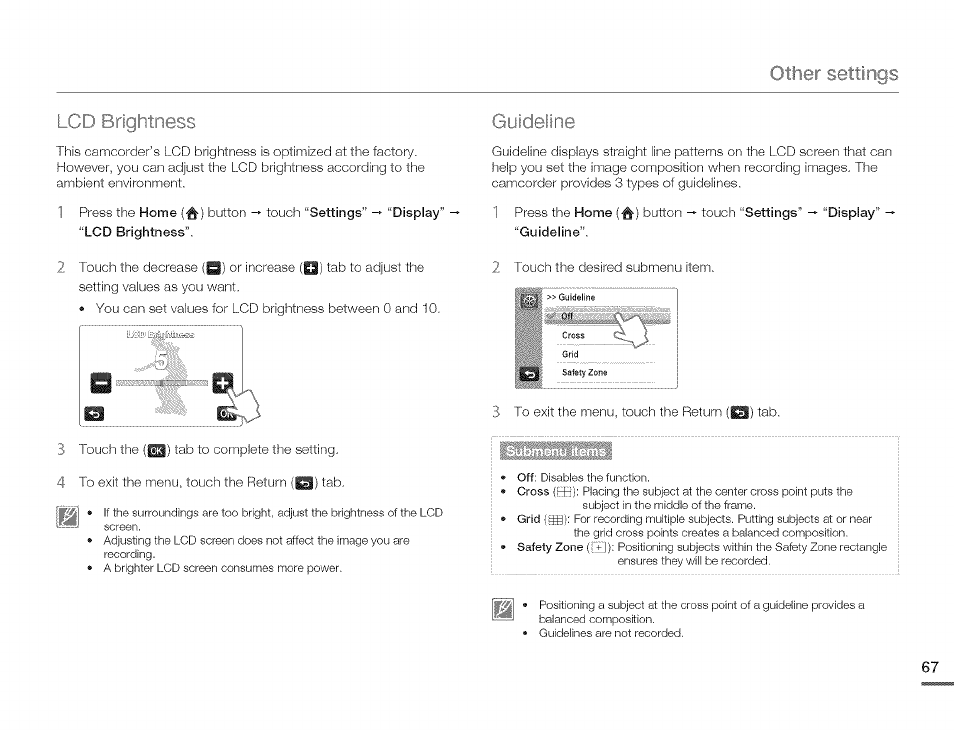 Lcd brightness, Guideline | Samsung HMX-Q10TNIHMX-Q100TNIHMXDQ130TN User Manual | Page 71 / 113