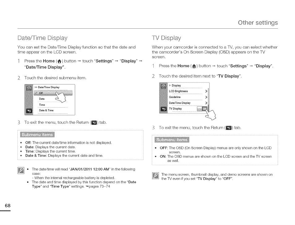 Date/tirrie display, Tv display | Samsung HMX-Q10TNIHMX-Q100TNIHMXDQ130TN User Manual | Page 72 / 113
