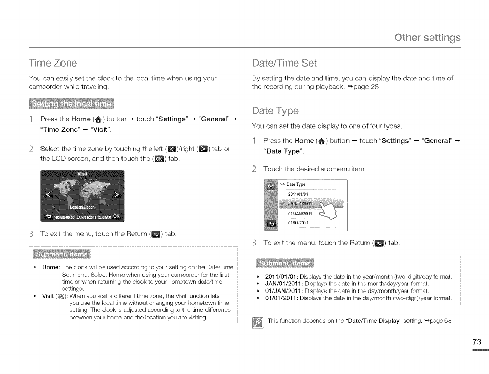 Time zone date/time set, Date type | Samsung HMX-Q10TNIHMX-Q100TNIHMXDQ130TN User Manual | Page 77 / 113