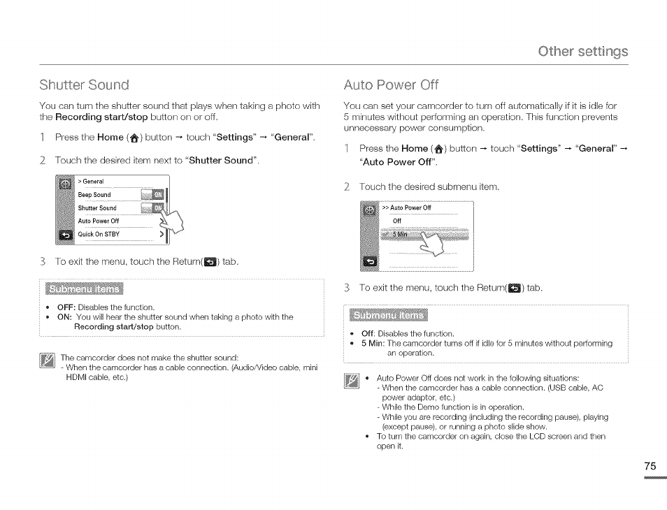 Shutter sound auto power off | Samsung HMX-Q10TNIHMX-Q100TNIHMXDQ130TN User Manual | Page 79 / 113
