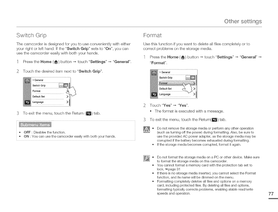 Switch grip, Format, Switoh grip | Samsung HMX-Q10TNIHMX-Q100TNIHMXDQ130TN User Manual | Page 81 / 113