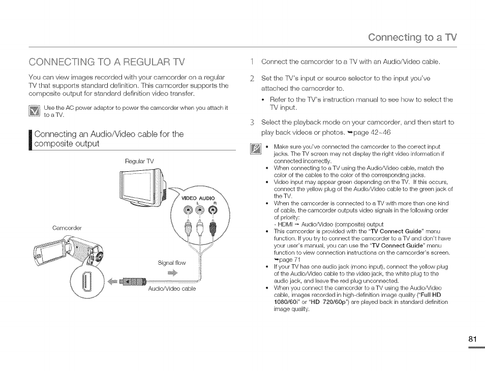 Connecting to a tv, Connectic ■ 3ul, Connecting to a regular tv | Connecting to a tv connectic ■ 3ul | Samsung HMX-Q10TNIHMX-Q100TNIHMXDQ130TN User Manual | Page 85 / 113