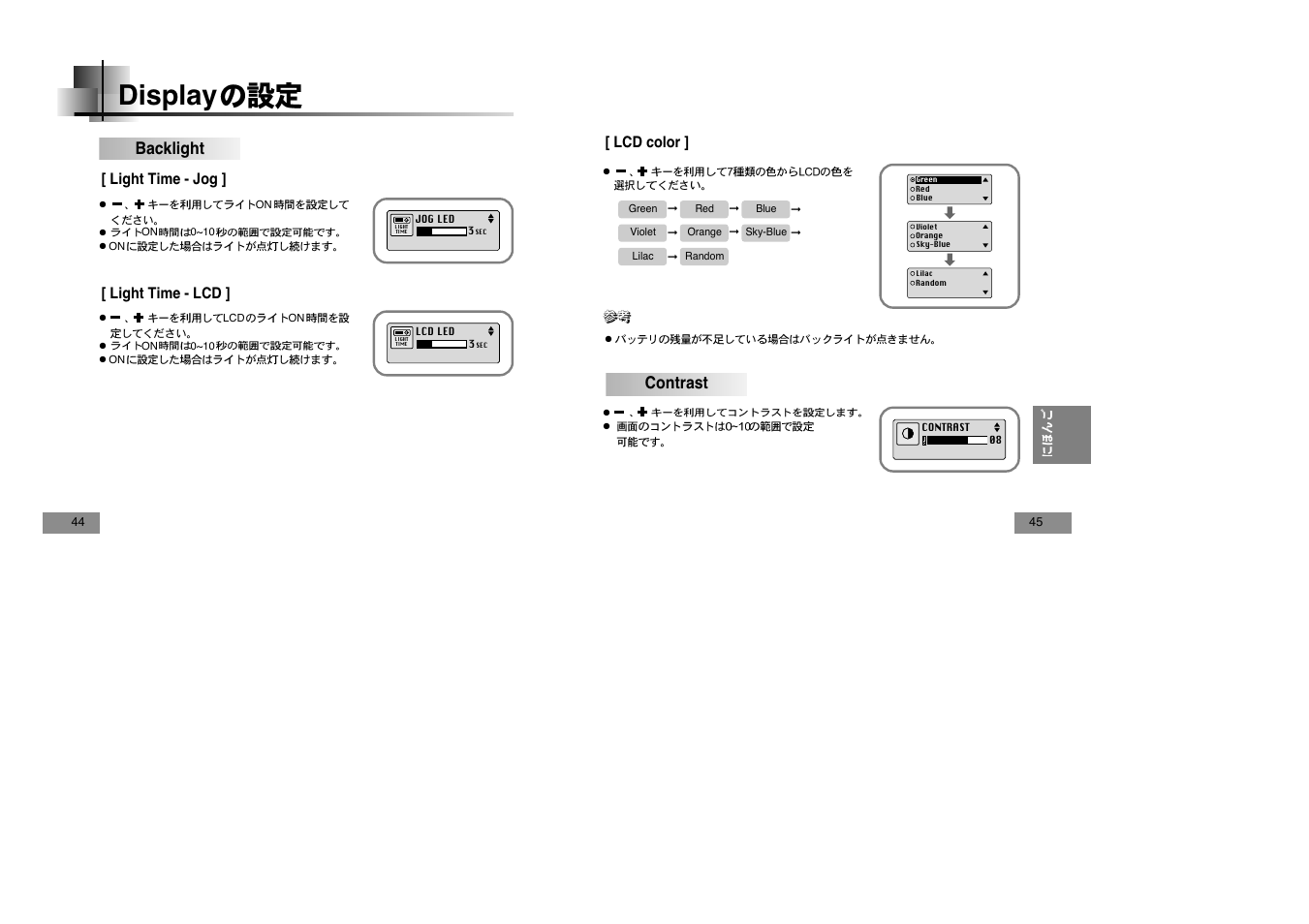 Display, Backlight, Contrast | Light time - jog ] [ light time - lcd, Lcd color | Samsung YEPP YP-T5V User Manual | Page 110 / 117