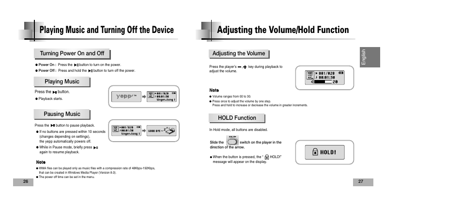 Adjusting the volume/hold function, Playing music and turning off the device, Adjusting the volume hold function | Samsung YEPP YP-T5V User Manual | Page 14 / 117