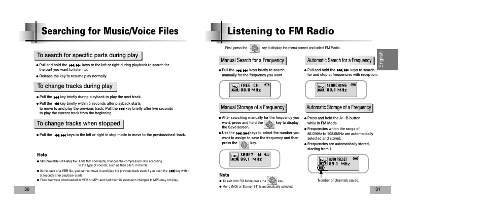 Searching for music/voice files, Listening to fm radio | Samsung YEPP YP-T5V User Manual | Page 16 / 117