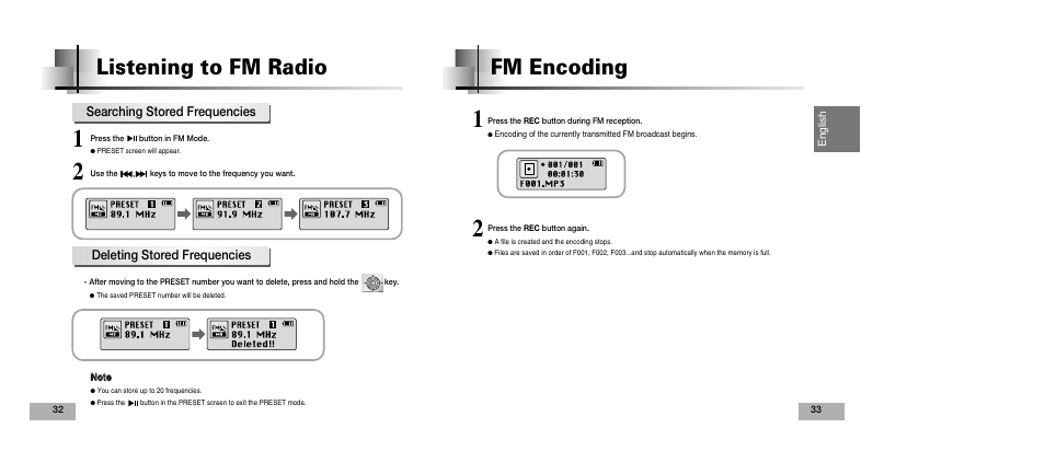 Listening to fm radio, Fm encoding, Searching stored frequencies | Deleting stored frequencies | Samsung YEPP YP-T5V User Manual | Page 17 / 117