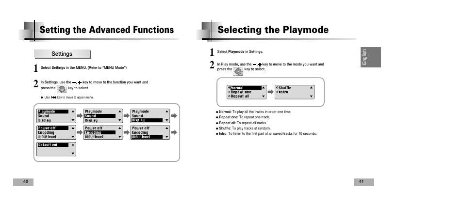 Selecting the playmode, Setting the advanced functions | Samsung YEPP YP-T5V User Manual | Page 21 / 117
