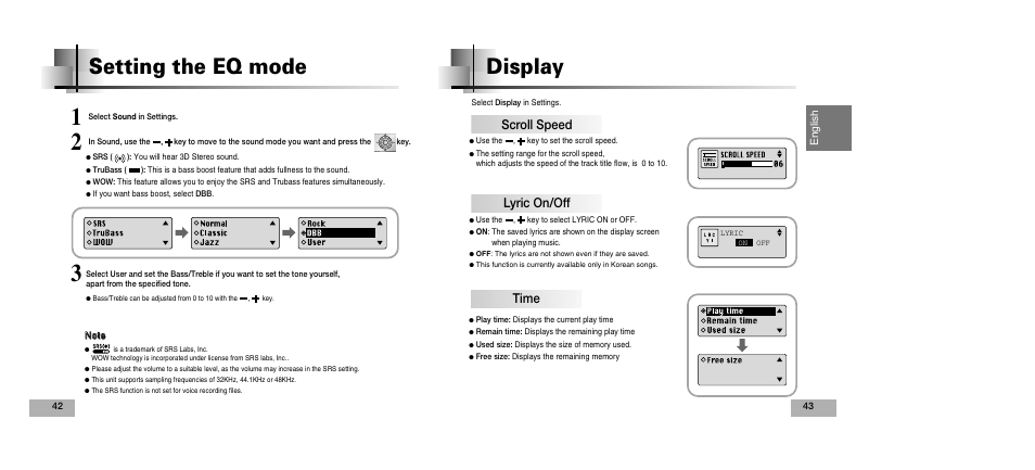 Display, Setting the eq mode, Scroll speed | Lyric on/off, Time | Samsung YEPP YP-T5V User Manual | Page 22 / 117