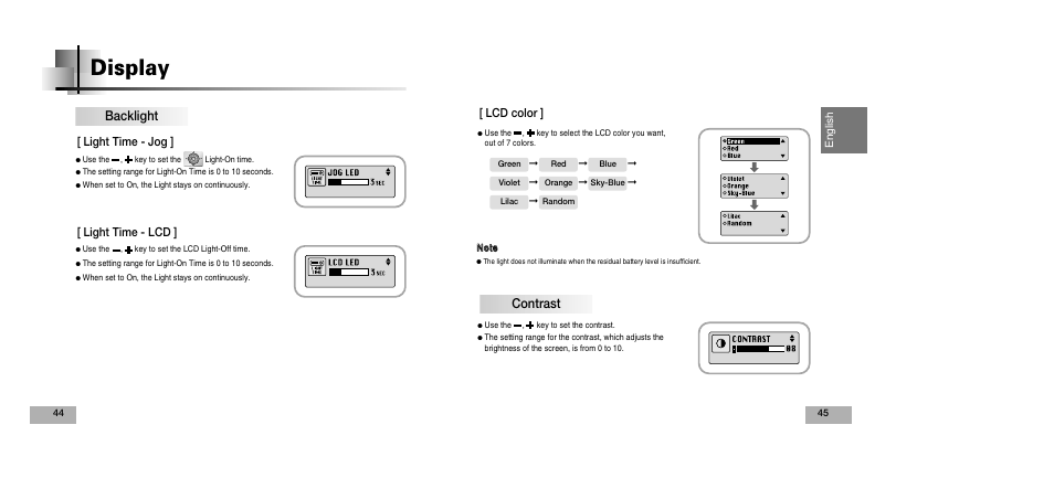 Display, Backlight, Contrast | Light time - jog ] [ light time - lcd, Lcd color | Samsung YEPP YP-T5V User Manual | Page 23 / 117