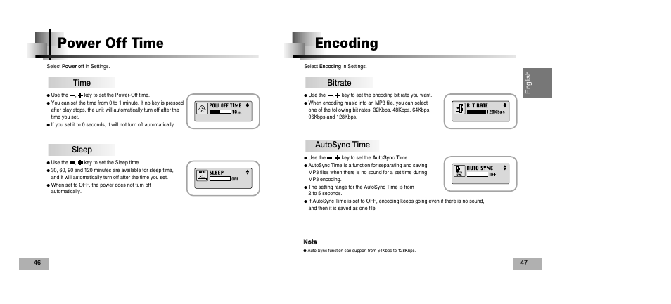 Power off time encoding, Time, Sleep | Bitrate, Autosync time | Samsung YEPP YP-T5V User Manual | Page 24 / 117