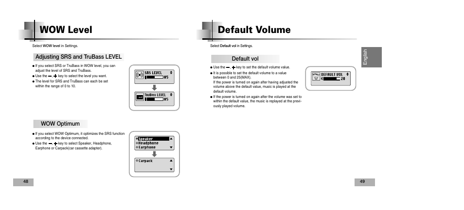 Wow level default volume, Adjusting srs and trubass level, Wow optimum | Default vol | Samsung YEPP YP-T5V User Manual | Page 25 / 117