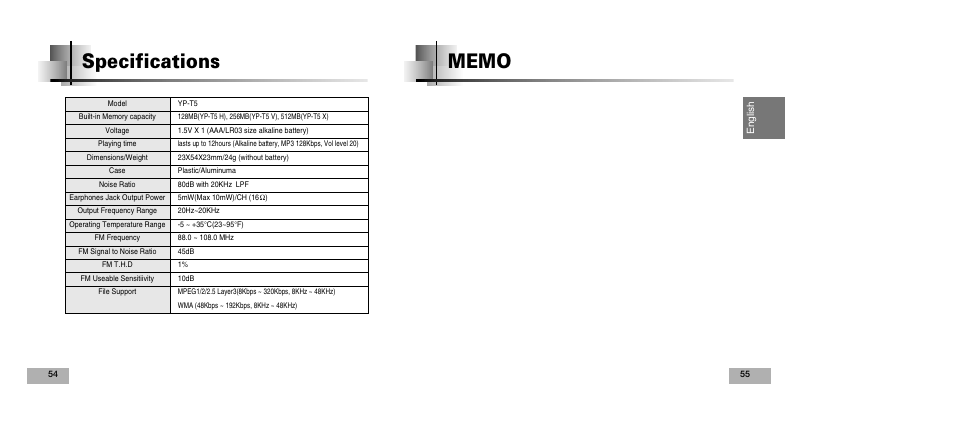 Specifications | Samsung YEPP YP-T5V User Manual | Page 28 / 117