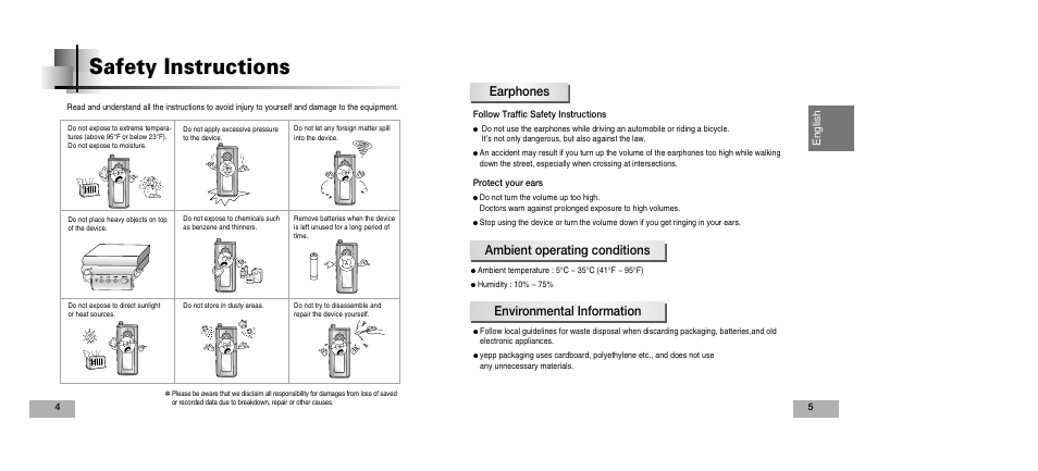 Safety instructions, Earphones, English | Samsung YEPP YP-T5V User Manual | Page 3 / 117