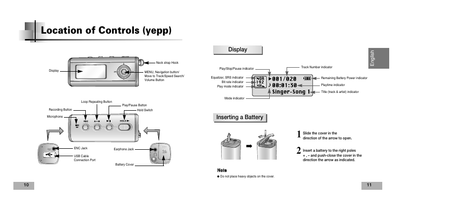 Location of controls (yepp), Display inserting a battery | Samsung YEPP YP-T5V User Manual | Page 6 / 117