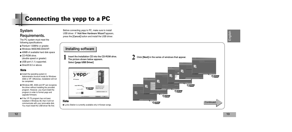 Connecting the yepp to a pc, System requirements, Installing software | Samsung YEPP YP-T5V User Manual | Page 7 / 117