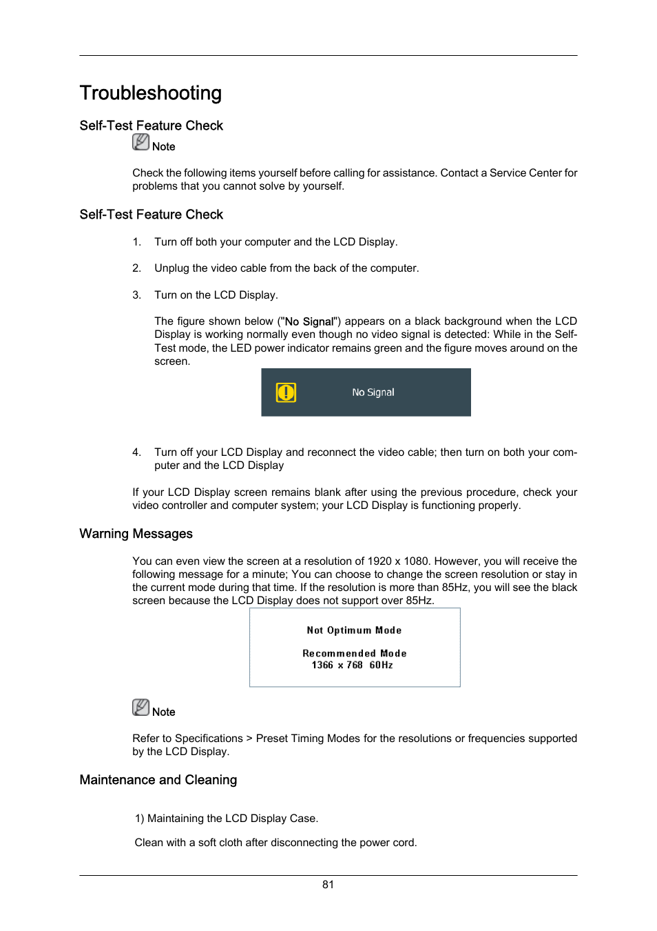 Troubleshooting, Self-test feature check, Warning messages | Maintenance and cleaning | Samsung 460UT-2 User Manual | Page 103 / 121