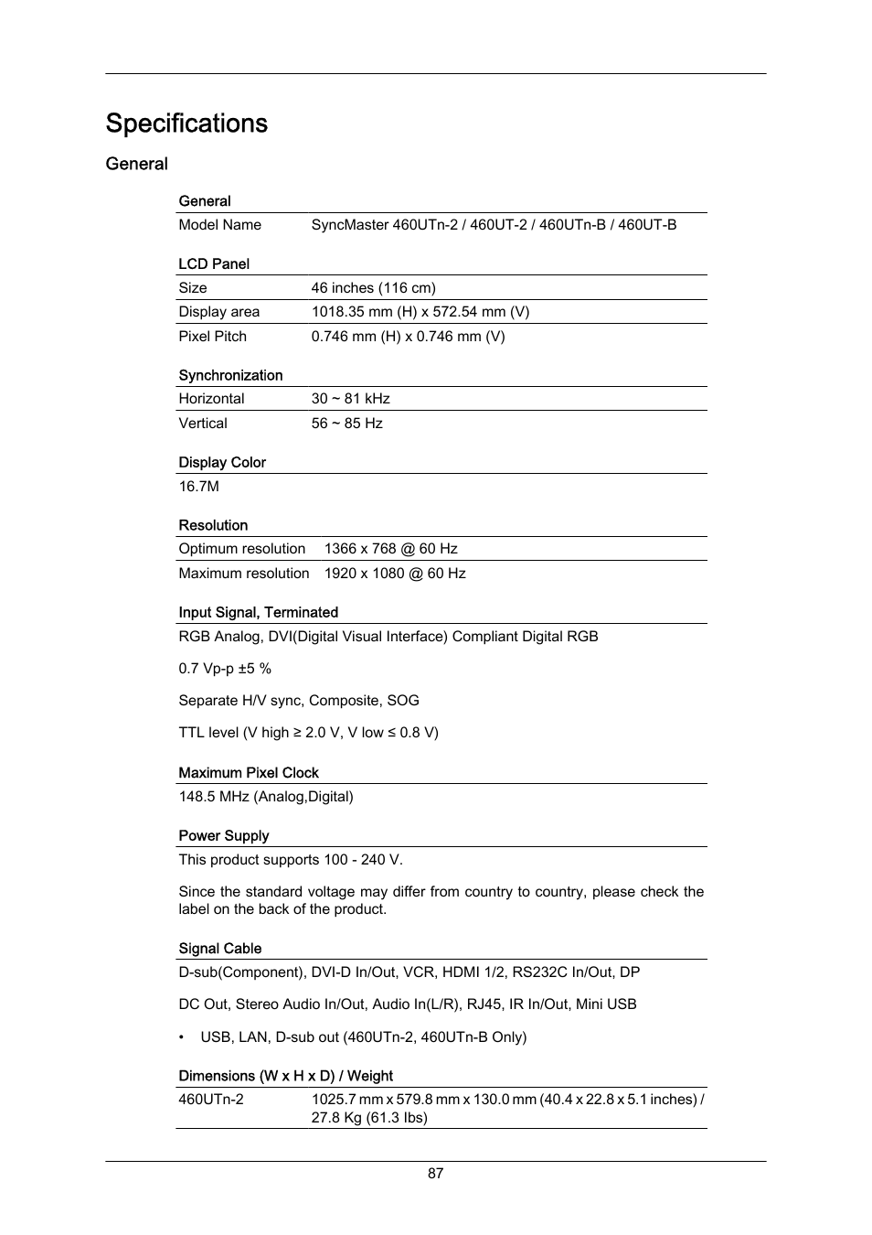 Specifications, General | Samsung 460UT-2 User Manual | Page 109 / 121