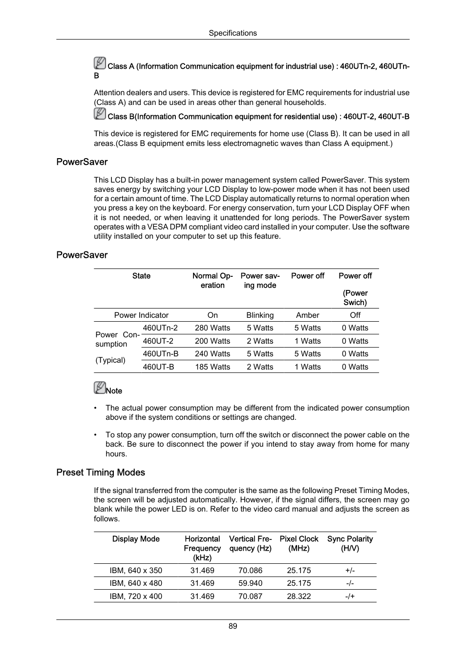 Powersaver, Preset timing modes | Samsung 460UT-2 User Manual | Page 111 / 121